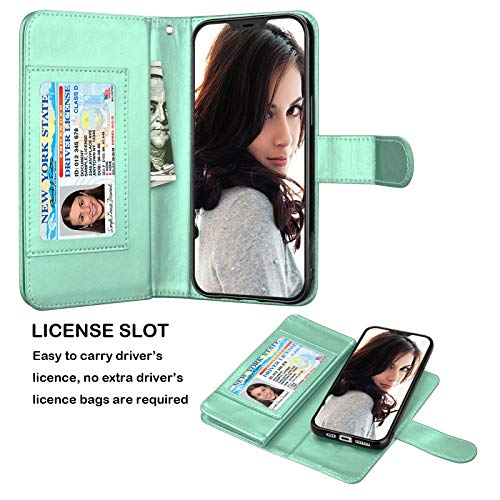 Njjex Compatible with iPhone 12 Mini Case/iPhone 12 Mini Wallet Case 5.4" (2020), [9 Card Slots] PU Leather ID Credit Holder Folio Flip [Detachable] Kickstand Magnetic Phone Cover & Lanyard -Turquoise