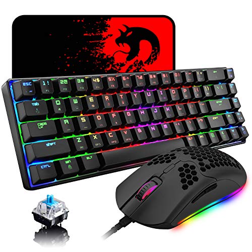 60% Mechanical Gaming Keyboard Blue Switch Mini 68 Keys Wired Type C 18 Backlit Effects,Lightweight RGB 6400DPI Honeycomb Optical Mouse,Gaming Mouse pad for Gamers and Typists (Black)