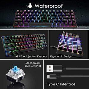 60% Mechanical Gaming Keyboard Blue Switch Mini 68 Keys Wired Type C 18 Backlit Effects,Lightweight RGB 6400DPI Honeycomb Optical Mouse,Gaming Mouse pad for Gamers and Typists (Black)