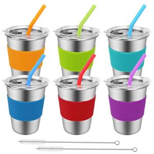 kids cups with lids and straws,6 pack 12oz spill proof tumblers for kids,stainless steel toddler cups,unbreakable water drinking glasses,bpa-free reusable metal sippy mug for children,adult,outdoor