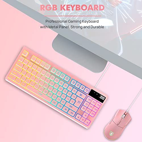 RGB Pink Gaming Keyboard and Mouse Combo,87 Keys Gaming Keyboard Wired RGB Backlit Gaming Keyboard Mechanical Feeling with RGB 7200 DPI Pink Gaming Mouse Set for PC MAC PS4 Xbox Laptop