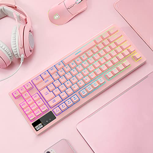 RGB Pink Gaming Keyboard and Mouse Combo,87 Keys Gaming Keyboard Wired RGB Backlit Gaming Keyboard Mechanical Feeling with RGB 7200 DPI Pink Gaming Mouse Set for PC MAC PS4 Xbox Laptop