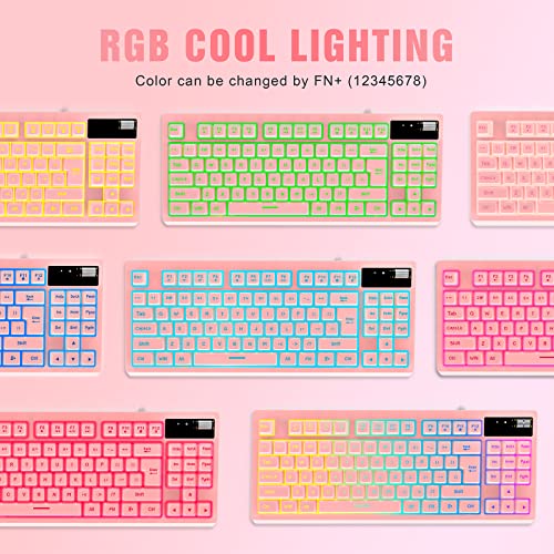 RGB Pink Gaming Keyboard and Mouse Combo,87 Keys Gaming Keyboard Wired RGB Backlit Gaming Keyboard Mechanical Feeling with RGB 7200 DPI Pink Gaming Mouse Set for PC MAC PS4 Xbox Laptop