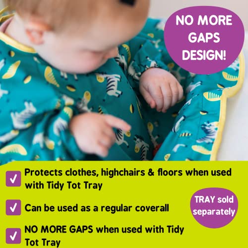 Tidy Tot Bib. Unisex. One Size fits 6 Months - 2 Years. Waterproof. Adjustable Fit. Long Sleeved. Complete Coverall. Award Winning Design. No Spills! (Dancing Zebras)