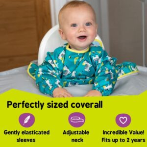 Tidy Tot Bib. Unisex. One Size fits 6 Months - 2 Years. Waterproof. Adjustable Fit. Long Sleeved. Complete Coverall. Award Winning Design. No Spills! (Dancing Zebras)