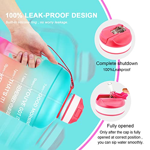 QuiFit Motivational Gallon Water Bottle - with Straw & Time Marker BPA Free Large Reusable Sport Water Jug with Handle for Fitness Outdoor Enthusiasts Leak-Proof (Green/Pink,1 gallon)