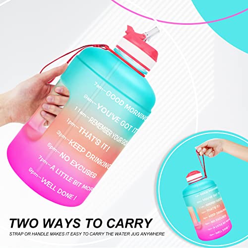QuiFit Motivational Gallon Water Bottle - with Straw & Time Marker BPA Free Large Reusable Sport Water Jug with Handle for Fitness Outdoor Enthusiasts Leak-Proof (Green/Pink,1 gallon)