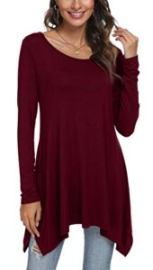 popyoung womens fall long sleeve asymmetrical hem loose tunic tops flowy casual blouses shirt l, wine red