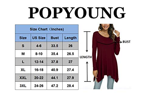 POPYOUNG Womens Fall Long Sleeve Asymmetrical Hem Loose Tunic Tops Flowy Casual Blouses Shirt L, Wine Red