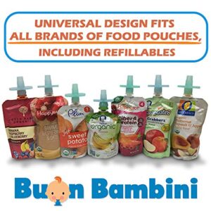 Buon Bambini Soft Sip Baby Food Pouch Toppers, 100% Silicone, Aqua/Blue, 4 Pack, Ideal for Homemade/chunkier Baby Foods