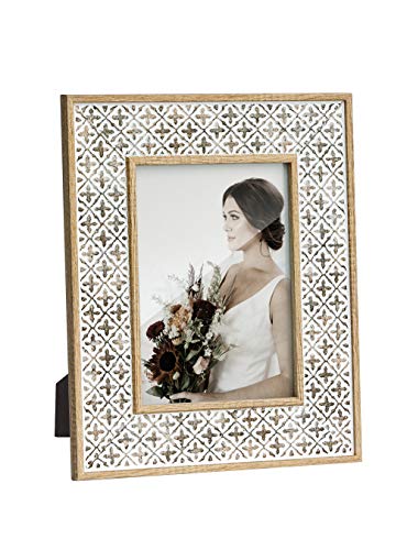 Afuly 5x7 Picture Frame Distressed Moroccan Relief Boho Picture Frames Shabby Chic Oak 3D Cross Pattern, Wood Photo Frames for Wall and Tabletop, Wedding Birthday Gifts for Mom Family Friends