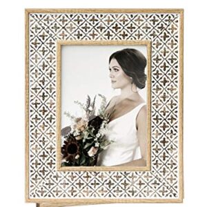 Afuly 5x7 Picture Frame Distressed Moroccan Relief Boho Picture Frames Shabby Chic Oak 3D Cross Pattern, Wood Photo Frames for Wall and Tabletop, Wedding Birthday Gifts for Mom Family Friends