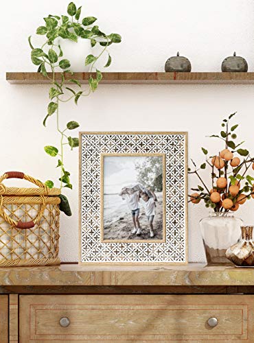 Afuly 5x7 Picture Frame Distressed Moroccan Relief Boho Picture Frames Shabby Chic Oak 3D Cross Pattern, Wood Photo Frames for Wall and Tabletop, Wedding Birthday Gifts for Mom Family Friends