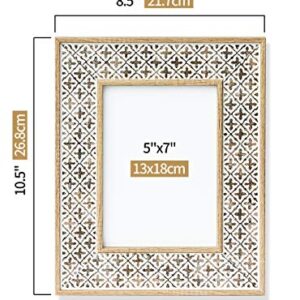 Afuly 5x7 Picture Frame Distressed Moroccan Relief Boho Picture Frames Shabby Chic Oak 3D Cross Pattern, Wood Photo Frames for Wall and Tabletop, Wedding Birthday Gifts for Mom Family Friends