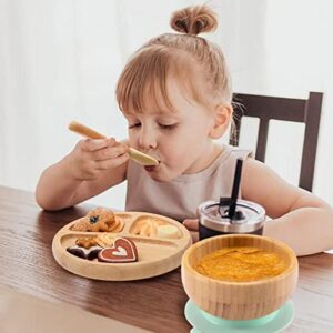 Baby Bamboo Suction Plate, Bowl and Spoon set - Wooden Feeding Set for Toddler 1-3 Year Old - Silicone Suction Sticks to Most High Chairs for Non Slip & Silicone Spoon Tips with Wood Handle - BPA Free