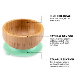 Baby Bamboo Suction Plate, Bowl and Spoon set - Wooden Feeding Set for Toddler 1-3 Year Old - Silicone Suction Sticks to Most High Chairs for Non Slip & Silicone Spoon Tips with Wood Handle - BPA Free