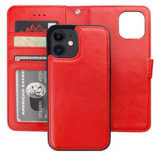 Bocasal Compatible with iPhone 12 & iPhone 12 Pro Wallet Case with Card Holder PU Leather Magnetic Detachable Kickstand Shockproof Wrist Strap Removable Flip Cover 6.1 inch (Red)