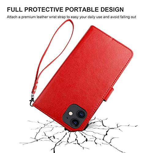 Bocasal Compatible with iPhone 12 & iPhone 12 Pro Wallet Case with Card Holder PU Leather Magnetic Detachable Kickstand Shockproof Wrist Strap Removable Flip Cover 6.1 inch (Red)