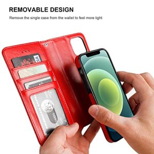 Bocasal Compatible with iPhone 12 & iPhone 12 Pro Wallet Case with Card Holder PU Leather Magnetic Detachable Kickstand Shockproof Wrist Strap Removable Flip Cover 6.1 inch (Red)