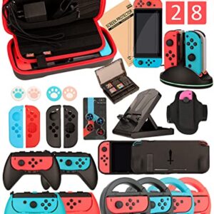 Switch Accessories - Family Bundle Accessories for Nintendo Switch, Carry Case& Screen Protector,4 Pack Joy Con Grips and Steering Wheels, Case Cover,Stand Mount,Joy Con Charger and More.