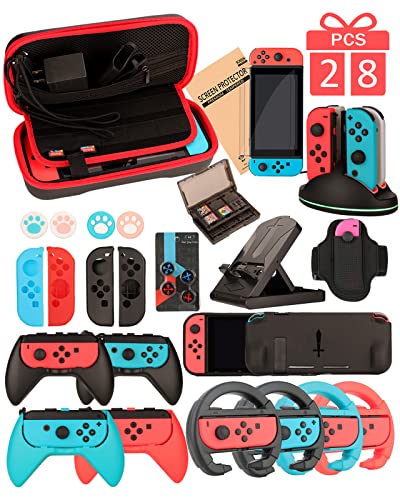 Switch Accessories - Family Bundle Accessories for Nintendo Switch, Carry Case& Screen Protector,4 Pack Joy Con Grips and Steering Wheels, Case Cover,Stand Mount,Joy Con Charger and More.