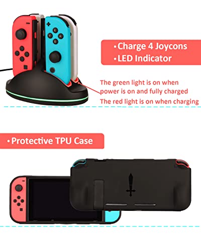 Switch Accessories - Family Bundle Accessories for Nintendo Switch, Carry Case& Screen Protector,4 Pack Joy Con Grips and Steering Wheels, Case Cover,Stand Mount,Joy Con Charger and More.