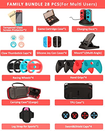 Switch Accessories - Family Bundle Accessories for Nintendo Switch, Carry Case& Screen Protector,4 Pack Joy Con Grips and Steering Wheels, Case Cover,Stand Mount,Joy Con Charger and More.