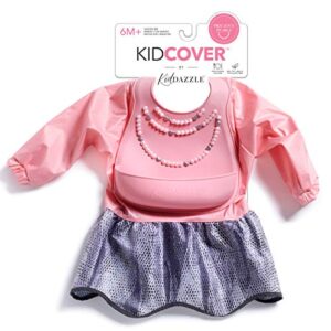 kiddazzle precious pearls sleeved kidcover - pink baby girl silicone smock bib, adjustable size, waterproof & stain resistant, infants & toddlers 6 months +