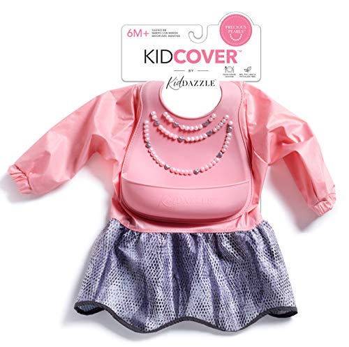 KidDazzle PRECIOUS PEARLS SLEEVED KIDCOVER - Pink Baby Girl Silicone Smock Bib, Adjustable Size, Waterproof & Stain Resistant, Infants & Toddlers 6 months +