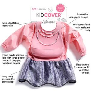 KidDazzle PRECIOUS PEARLS SLEEVED KIDCOVER - Pink Baby Girl Silicone Smock Bib, Adjustable Size, Waterproof & Stain Resistant, Infants & Toddlers 6 months +