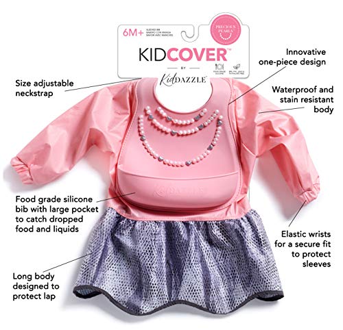 KidDazzle PRECIOUS PEARLS SLEEVED KIDCOVER - Pink Baby Girl Silicone Smock Bib, Adjustable Size, Waterproof & Stain Resistant, Infants & Toddlers 6 months +