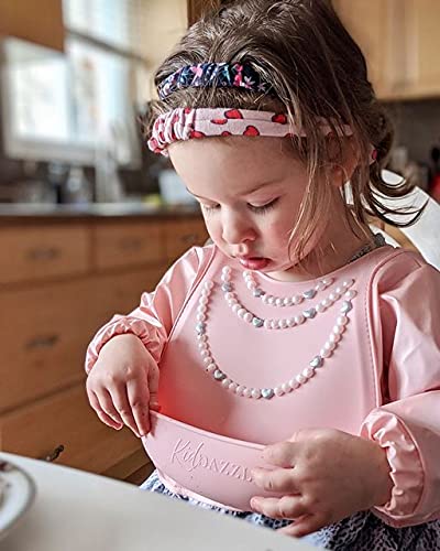 KidDazzle PRECIOUS PEARLS SLEEVED KIDCOVER - Pink Baby Girl Silicone Smock Bib, Adjustable Size, Waterproof & Stain Resistant, Infants & Toddlers 6 months +