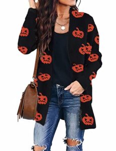 zesica women's 2023 fall winter long sleeves open front leopard print knitted sweater cardigan coat outwear,pumpkin,medium