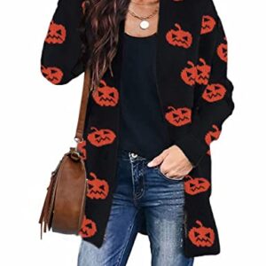 ZESICA Women's 2023 Fall Winter Long Sleeves Open Front Leopard Print Knitted Sweater Cardigan Coat Outwear,Pumpkin,Medium