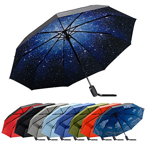 RainPlus Black/Galaxy Windproof Travel Umbrella - Compact, Automatic, Folding and Portable - Umbrellas For Rain for Men and Women - Car, Backpack, Purse, Strong & Wind Resistant