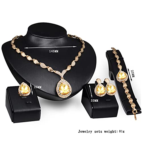 FUNOJOY Gold Jewelry Sets for Women Wedding Teardrop Crystal Necklace and Earrings Bracelet Rings Set Costume Jewelry for Prom Wedding