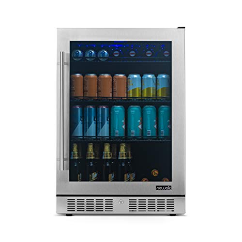 NewAir Large Beverage Refrigerator Cooler with 224 Can Capacity - Mini Bar Beer Fridge with LED Lights - Adjustable/Removable Shelves And Bottom Key Lock - Cools to 37F - Stainless Steel