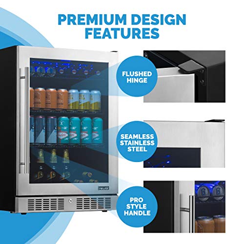 NewAir Large Beverage Refrigerator Cooler with 224 Can Capacity - Mini Bar Beer Fridge with LED Lights - Adjustable/Removable Shelves And Bottom Key Lock - Cools to 37F - Stainless Steel