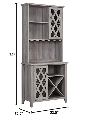 Home Source Home Lounge or Kitchen Bar Mix of Two Cabinets with Diamond Engraved Design and a Twelve Bottle Wine Rack, Grey