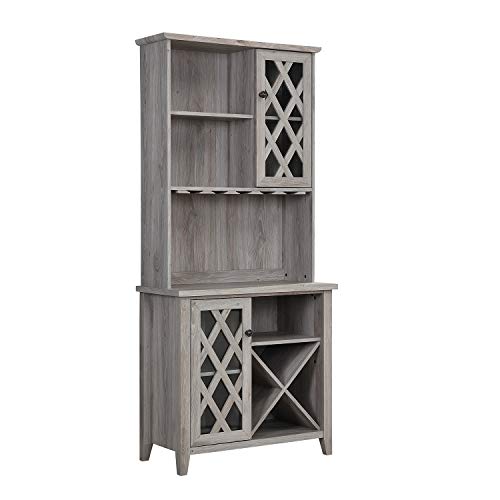 Home Source Home Lounge or Kitchen Bar Mix of Two Cabinets with Diamond Engraved Design and a Twelve Bottle Wine Rack, Grey