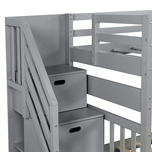 Harper & Bright Designs Stairway Twin Over Twin/Full Bunk Bed with Twin Size Trundle and Drawers, Solid Wood Bunk Bed Staircase Can be Placed on The Left or Right Side (Grey)