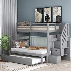 harper & bright designs stairway twin over twin/full bunk bed with twin size trundle and drawers, solid wood bunk bed staircase can be placed on the left or right side (grey)