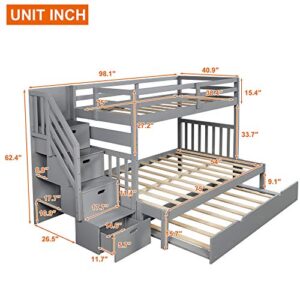 Harper & Bright Designs Stairway Twin Over Twin/Full Bunk Bed with Twin Size Trundle and Drawers, Solid Wood Bunk Bed Staircase Can be Placed on The Left or Right Side (Grey)