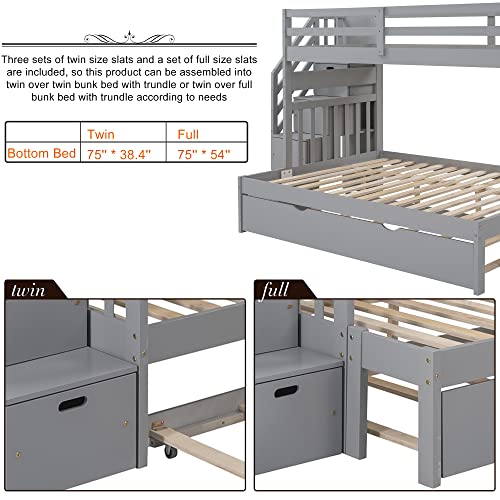 Harper & Bright Designs Stairway Twin Over Twin/Full Bunk Bed with Twin Size Trundle and Drawers, Solid Wood Bunk Bed Staircase Can be Placed on The Left or Right Side (Grey)
