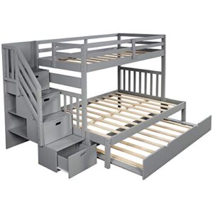 Harper & Bright Designs Stairway Twin Over Twin/Full Bunk Bed with Twin Size Trundle and Drawers, Solid Wood Bunk Bed Staircase Can be Placed on The Left or Right Side (Grey)