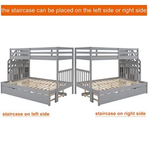 Harper & Bright Designs Stairway Twin Over Twin/Full Bunk Bed with Twin Size Trundle and Drawers, Solid Wood Bunk Bed Staircase Can be Placed on The Left or Right Side (Grey)