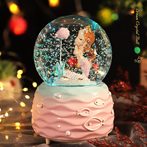 Snow Globes,Mermaid Snowglobes with Musical,LED Lights, Gifts for Girls,Birthday Christmas Festival Gift for 5-12 Year Old Girls (Pink)