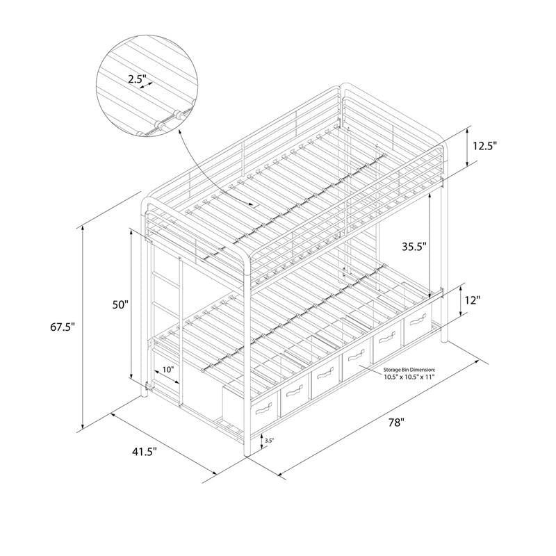DHP Bonnie Twin Bed with Storage Bins Bunk, Silver