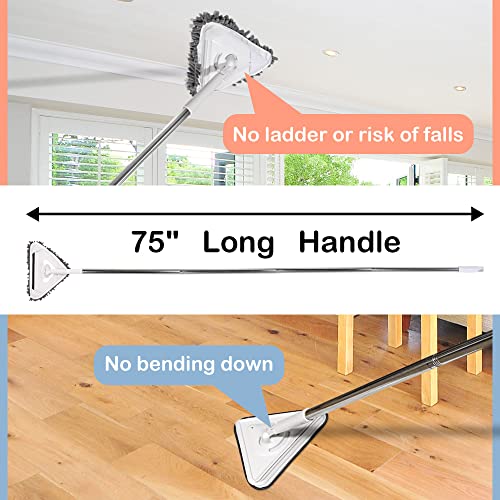 Wall Cleaner with Long Handle - 75in Ceiling Mop Wall and Baseboard Cleaning Tools with Extension Pole, Triangle Rotatable Adjustable Wall Duster Scrubber for Painted Walls Window(4 Replacement Pads)