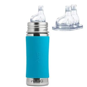 pura kiki 11 oz / 325ml stainless steel sippy cup bundle w/ 2 pack of silicone xl sipper spouts & sleeve, aqua (plastic free, nontoxic certified, bpa free)
